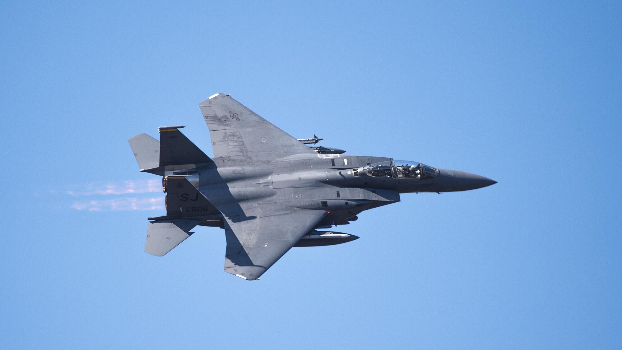 An F-15E Strike Eagle flies over Grand Bay Bombing and Gunnery Range at Moody Air Force Base, Ga., Feb. 11, 2016. Multiple U.S. Air Force aircraft within Air Combat Command conducted joint aerial training that showcased the aircrafts tactical air and ground maneuvers, as well as its weapons capabilities. (U.S. Air Force photo by Staff Sgt. Brian J. Valencia/Released)