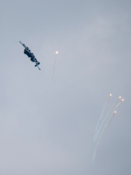 An A-10 Thunderbolt II releases flares over Grand Bay Bombing and Gunnery Range at Moody Air Force Base, Ga., Mar. 4, 2016. Multiple U.S. Air Force aircraft within Air Combat Command conducted joint aerial training that showcased the aircrafts tactical air and ground maneuvers, as well as its weapons capabilities. (U.S. Air Force photo by Staff Sgt. Brian J. Valencia/Released)