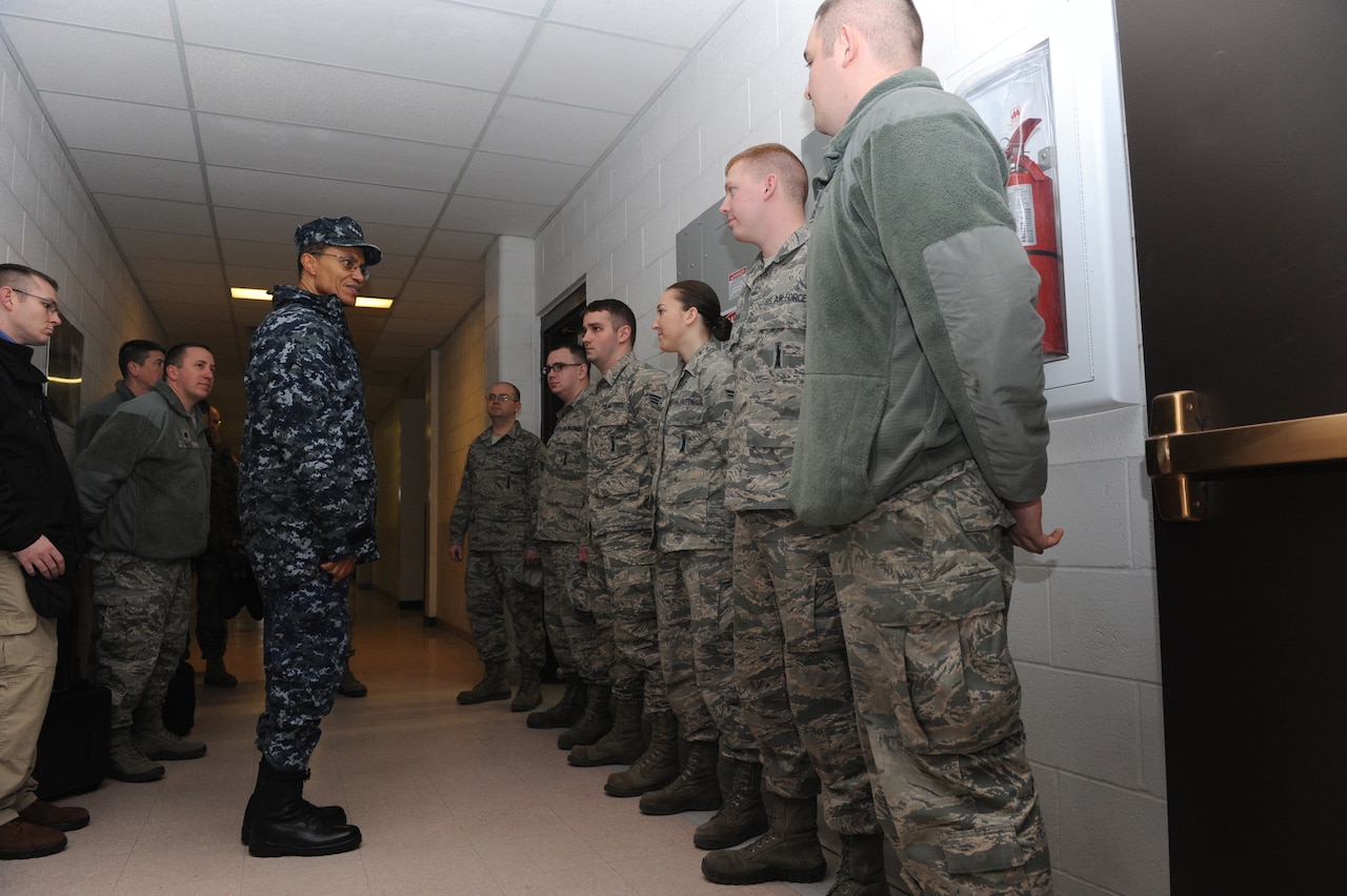 Navy Adm. Cecil D. Haney, center left, U.S. Strategic Command commander, speaks with missile maintainers from the 741st Missile Maintenance Squadron at Malmstrom Air Force Base, Mont., Jan. 14, 2016. Haney testified yesterday before the Senate Armed Services Committee on Stratcom’s fiscal year 2017 budget request. Air Force photo by Airman Daniel Brosam