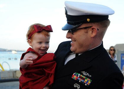 SAN DIEGO (December 18, 2013)  Chief Sonar Technician Submarine Geoff Walker holds his 11-month old daughter Arya following the return of the Los Angeles-class attack submarine USS Hampton (SSN 767) following a six-month deployment to the western Pacific region. U.S. Navy photo by Mass Communication Specialist 2nd Class Kyle Carlstrom (Released)
