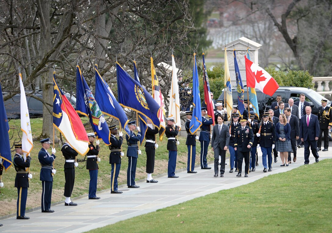 Canadian Prime Minister Justin Trudeau arrives with full ceremonial honors to lay a wreath at the Tomb of the Unknown Soldier at Arlington National Cemetery in Arlington, Va., March 11, 2016. DoD photo by Marvin Lynchard