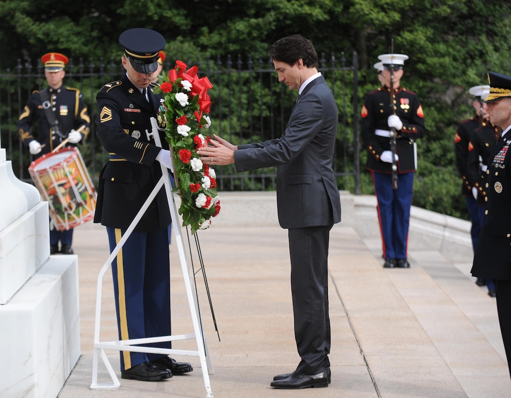 Canadian Prime Minister Justin Trudeau places a wreath at the Tomb of the Unknown Soldier at Arlington National Cemetery in Arlington, Va., March 11, 2016. DoD photo by Marvin Lynchard