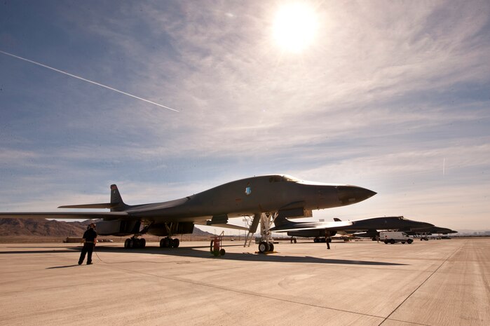 B-1B Lancers assigned to the 28th Bomb Wing, 34th Bomb Squadron, Ellsworth Air Force Base, S.D., receive final preparations before takeoff for a Red Flag 16-2 training sortie March 3, 2016 at Nellis Air Force Base, Nev. Red Flag exercises typically occur four times annually, with a focus on refining air, ground, space, and cyber integration in a contested-degraded environment. (U.S. Air Force photo by Senior Airman Joshua Kleinholz)