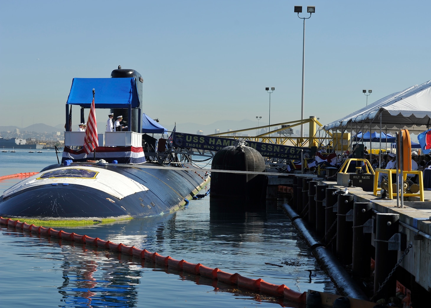 SAN DIEGO (Oct. 30, 2015) Capt. Gene Doyle, commander, Submarine Squadron 11, delivers remarks during a change of command ceremony aboard the Los Angeles-class fast-attack submarine USS Hampton (SSN 767). Cmdr. Theron Davis relieved Cmdr. Lincoln Reifsteck during the ceremony at Naval Base Point Loma. (U.S. Navy photo by Mass Communication Specialist 3rd Class Derek A. Harkins/Released)