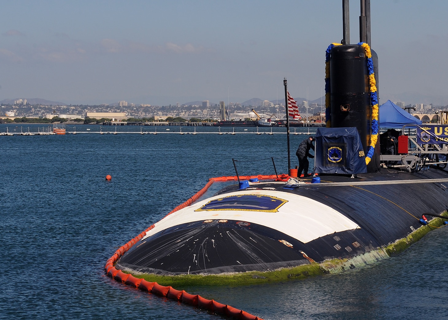 SAN DIEGO (Oct. 13, 2015) The Los Angeles-class attack submarine USS Hampton (SSN 767) is pierside after returning home from an extended deployment. Hampton deployed to the U.S. 7th Fleet area of responsibility where the crew executed the Chief of Naval Operations' Maritime Strategy in supporting national security interests and maritime security operations. (U.S. Navy photo by Mass Communication Specialist 2nd Class Kyle Carlstrom/Released)                