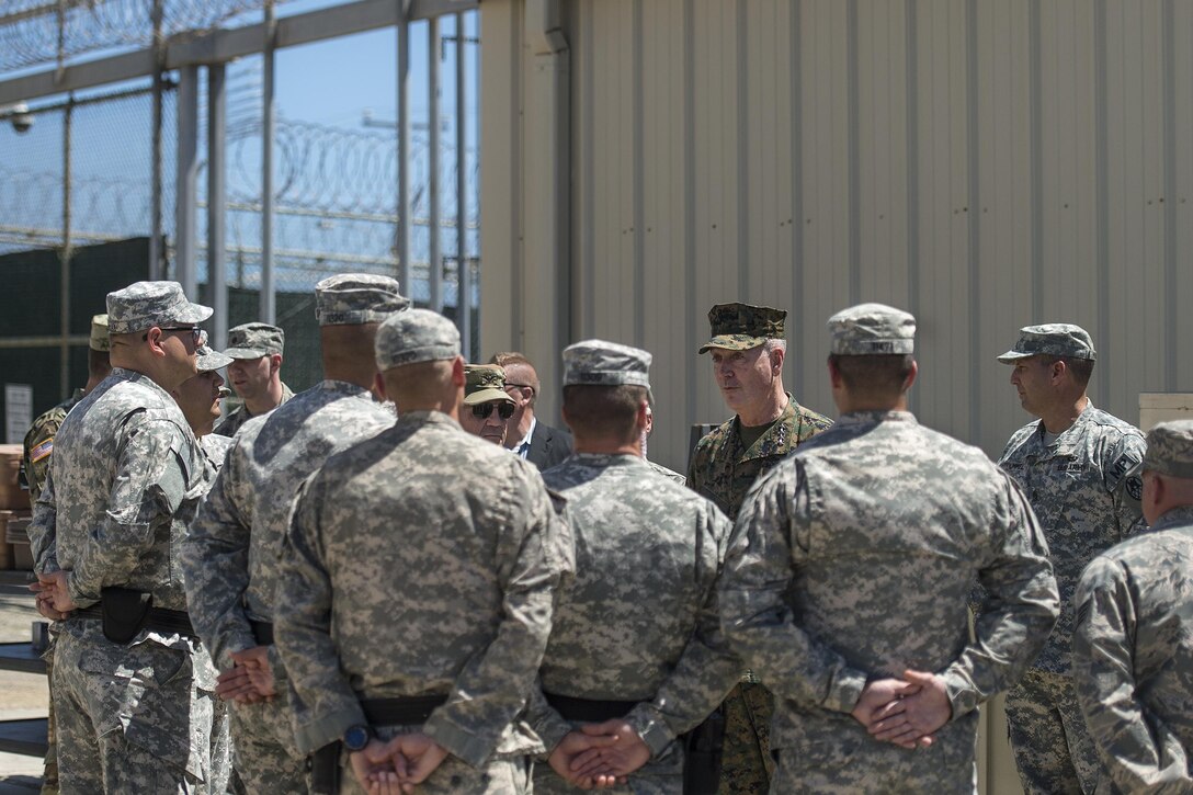 Marine Corps Gen. Joseph F. Dunford Jr., chairman of the Joint Chiefs of Staff, talks with troops while visiting Joint Task Force Guantanamo, Cuba, March 9, 2016, to observe the detention facility and meet with service members who support the mission. DoD photo by Navy Petty Officer 2nd Class Dominique A. Pineiro