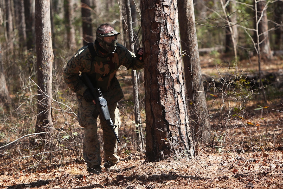 Capt. Timothy G. Otto participates in a team paintball match during the Devil Dog Dare Challenge Course at Marine Corps Air Station Cherry Point, N.C., March 10, 2016. The Devil Dog Dare Challenge Course was designed for Marines and Sailors to get engaged in Operation Adrenaline Rush. OAR is a training tool designed to introduce Marines to activities that serve as alternatives to uncharacteristic behaviors often associated with incidents involving recently deployed Marines. Otto is an electronic maintenance officer with G-6, 2nd Marine Aircraft Wing. (U.S. Marine Corps photo by Pfc. Nicholas P. Baird/Released)