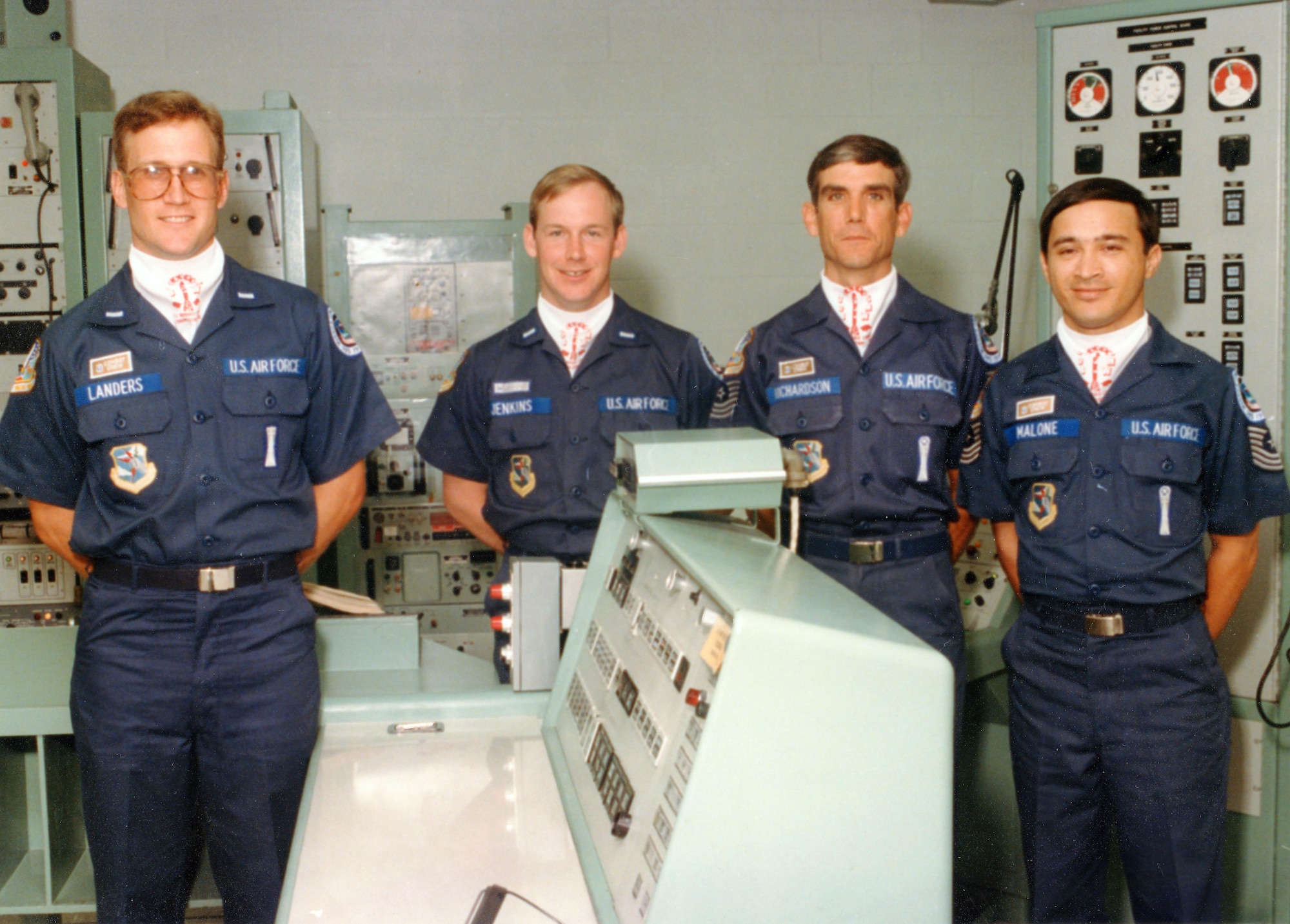 Then Lt. Ronald Jenkins, current 90th Missile Wing Director of Staff, poses with his crew mates in a Titan II launch control center in 1986. The 30-year Air Force veteran had a variety of career opportunities, allowing him to see the Air Force as a whole. (Courtesy photo)