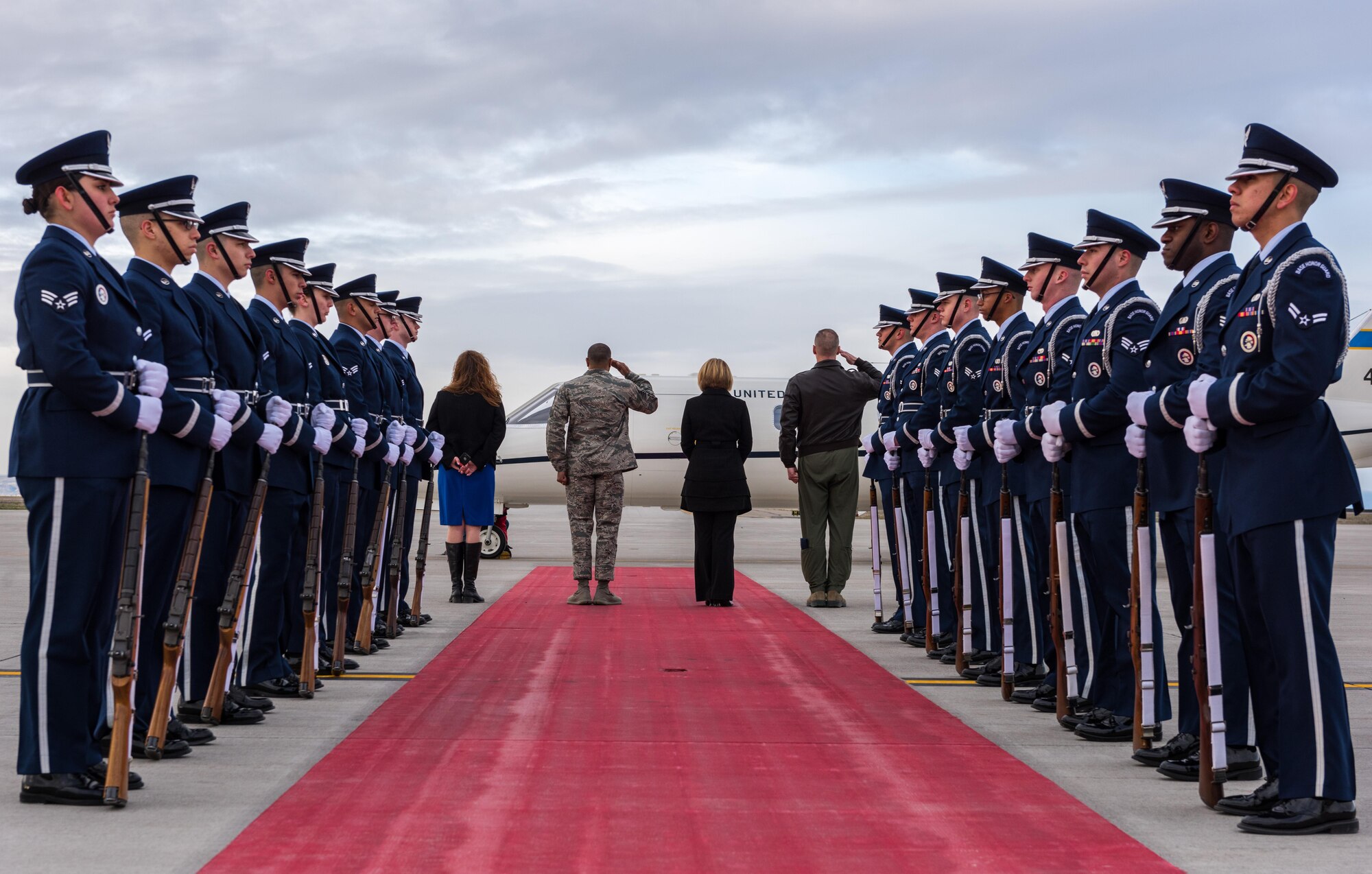 366th Fighter Wing leadership salutes an aircraft carrying U.S. Air Force Gen. Hawk Carlisle, commander of Air Combat Command, as it arrives at Mountain Home Air Force Base, Idaho, March 7, 2016. Carlisle visited Mountain Home AFB airmen and get a firsthand look at the Gunfighters' mission. (U.S. Air Force photo by Airman 1st Class Connor J. Marth/Released)