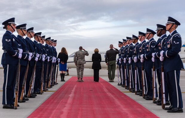 366th Fighter Wing leadership salutes an aircraft carrying U.S. Air Force Gen. Hawk Carlisle, commander of Air Combat Command, as it arrives at Mountain Home Air Force Base, Idaho, March 7, 2016. Carlisle visited Mountain Home AFB airmen and get a firsthand look at the Gunfighters' mission. (U.S. Air Force photo by Airman 1st Class Connor J. Marth/Released)