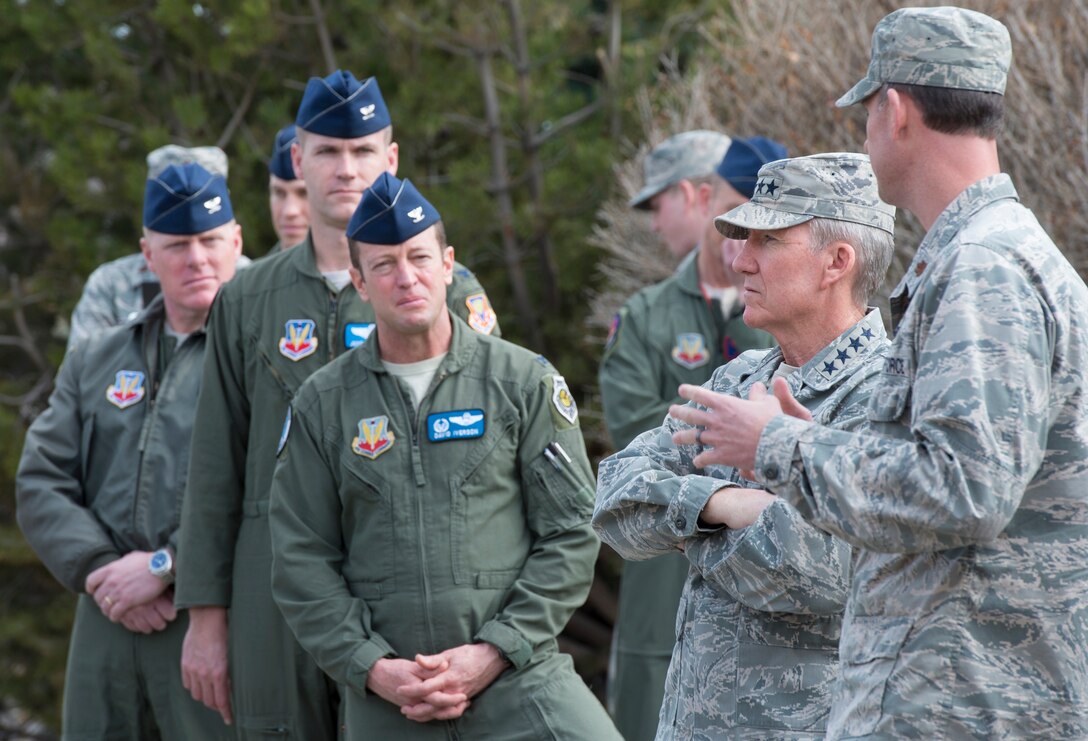 U.S. Air Force Gen. Hawk Carlisle, commander of Air Combat Command, participates in a briefing during a tour of the 389th Fighter Squadron, March 7, 2016, at Mountain Home Air Force Base, Idaho. The 389th Fighter Squadron was established in 1945 and has been stationed at Mountain Home since 1971. (U.S. Air Force photo by Airman 1st Class Chester Mientkiewicz/Released)