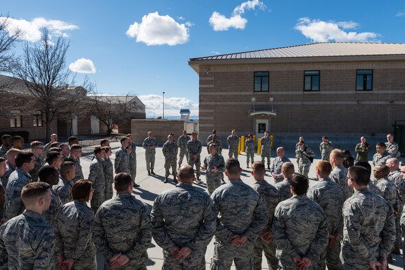 U.S. Air Force Gen. Hawk Carlisle, commander of Air Combat Command, talks with airmen at Mountain Home Air Force Base, Idaho, March 7, 2016. Airman had the opportunity to speak to Carlisle and ask questions during an all call. (U.S. Air Force photo by Airman 1st Class Connor J. Marth/Released)