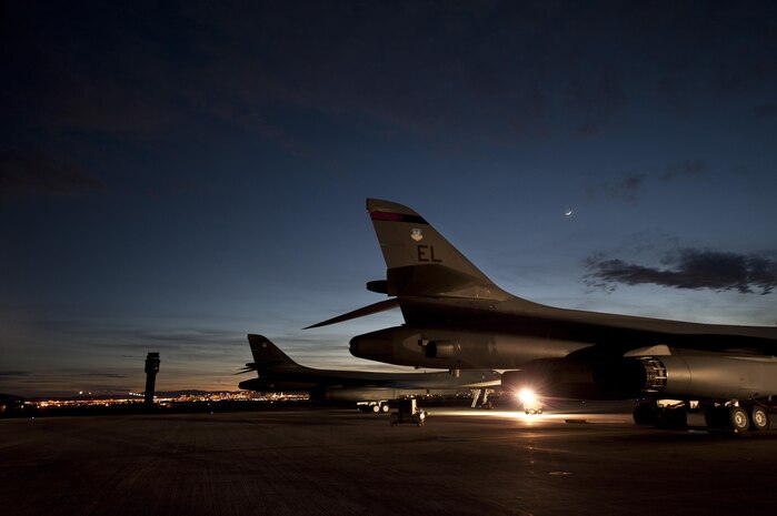 B-1 Lancers assigned to the 28th Bomb Wing, Ellsworth Air Force Base, S.D., sit on the flightline prior to Red Flag 16-2 night training sorties March 10, 2016 at Nellis Air Force Base, Nev. Flying units from around the world converge at Nellis AFB to participate in Red Flag exercises four times a year. (U.S. Air Force photo by Senior Airman Joshua Kleinholz)