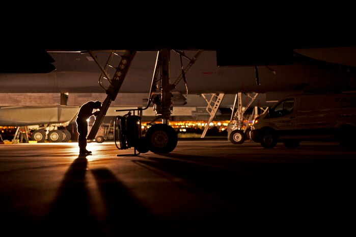 Senior Airman Cameron Docksteader, offensive avianonics specialist assigned to the 28th Aircraft Maintenance Squadron, Ellsworth Air Force Base, S.D., updates maintenance records for a B-1 Lancer prior to a Red Flag 16-2 night training sortie March, 10, 2016 at Nellis Air Force Base, Nev.  Red Flag exercises provide a series of intense scenarios for aircrew and ground personnel to improve their combat readiness and evaluate effectiveness in realistic simulated conflict environments. (U.S. Air Force photo by Senior Airman Joshua Kleinholz)