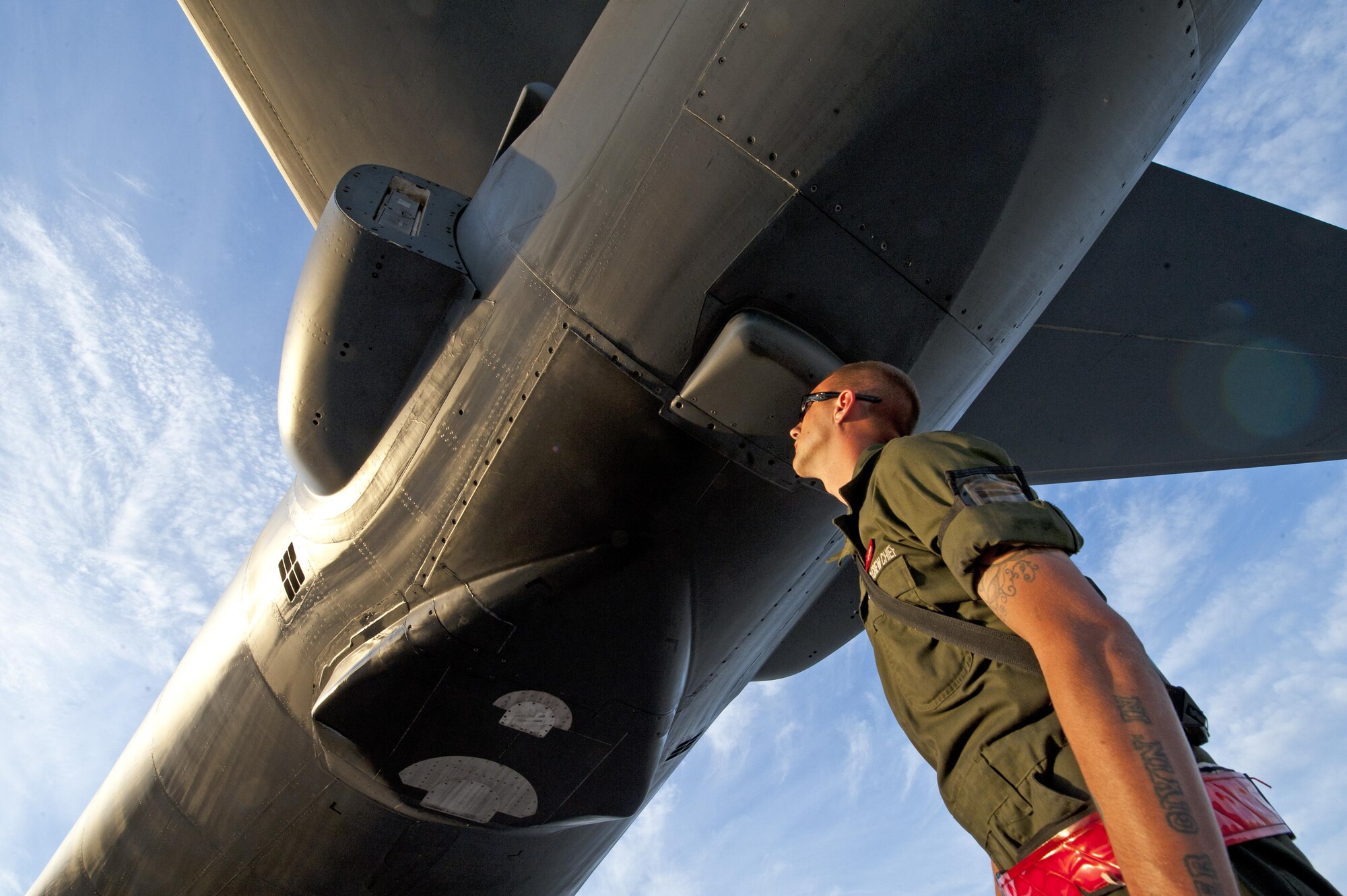 Staff Sgt. Joshua Free, a dedicated crew chief assigned to the 28th Aircraft Maintenance Squadron, Ellsworth Air Force Base, S.D., checks the metal structure of a B-1 Lancer prior to a Red Flag 16-2 night training sortie March, 10, 2016 at Nellis Air Force Base, Nev. Red Flag exercises simulate a conflict environment in which maintainers must work diligently around the clock to ensure the safety and operability of their assigned aircraft.  (U.S. Air Force photo by Senior Airman Joshua Kleinholz)