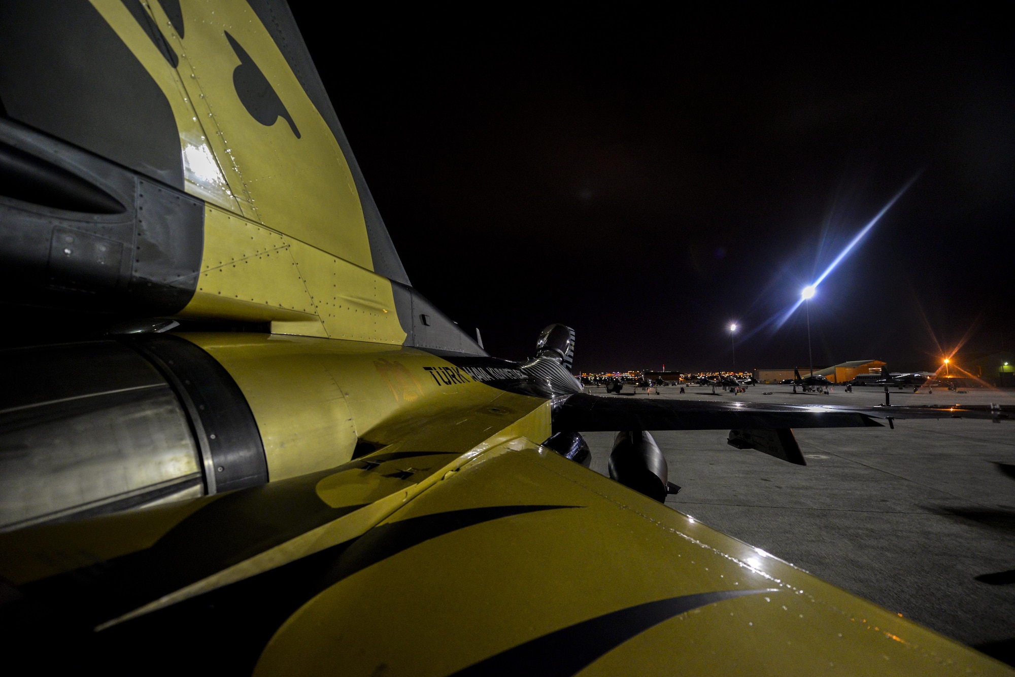 A specially painted Turkish air force F-16 Fighting Falcon prepares for launch during night operations of Red Flag 16-2 at Nellis Air Force Base, Nev., March 4 2016. Since its establishment in 1975, Red Flag has played host to military units from more than 30 different countries. (U.S. Air Force photo by Airman 1st Class Kevin Tanenbaum)