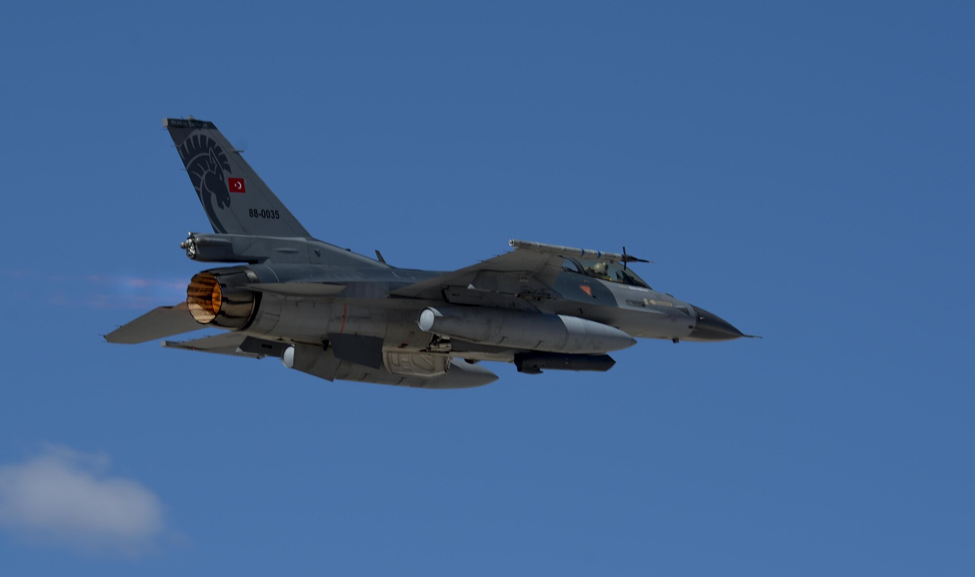 A Turkish air force F-16 Fighting Falcon takes off during Red Flag 16-2 at Nellis Air Force Base, Nev., March 9, 2016. Flying units from around the globe deploy to Nellis AFB to participate in Red Flag to strengthen joint warfighting capabilities and thinking in a contested, degraded, and operationally-limited environment . (U.S. Air Force photo by Airman 1st Class Kevin Tanenbaum)