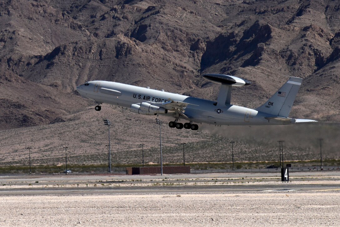 An E-3 Sentry assigned to the 552nd Air Control Wing at Tinker Air Force Base, Oklahoma, takes off for a mission March 8, 2016, during Red Flag 16-2. Along with Airmen from the 726th Air Control Squadron out of Mountain Home AFB, Idaho, and Marines from the Marine Air Control Squadron 1, Marine Corps Air Station Miramar, California, 552nd ACW assets provided a large, joint-service command and control footprint for the exercise. (U.S. Air Force photo/Staff Sgt. Chuck Broadway)