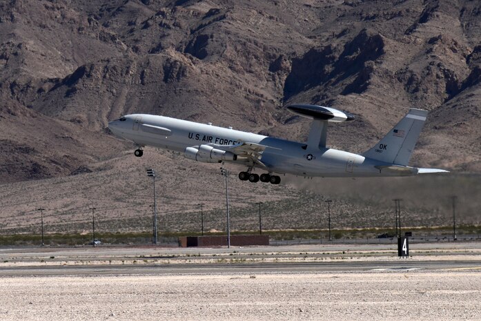 An E-3 Sentry assigned to the 552nd Air Control Wing at Tinker Air Force Base, Oklahoma, takes off for a mission March 8, 2016, during Red Flag 16-2. Along with Airmen from the 726th Air Control Squadron out of Mountain Home AFB, Idaho, and Marines from the Marine Air Control Squadron 1, Marine Corps Air Station Miramar, California, 552nd ACW assets provided a large, joint-service command and control footprint for the exercise. (U.S. Air Force photo/Staff Sgt. Chuck Broadway)