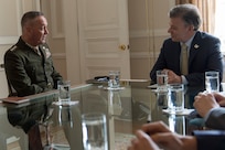 Marine Corps  Gen. Joseph F. Dunford Jr., chairman of the Joint Chiefs of Staff, meets with Colombian President Juan Manuel Santos at the Palacio de Narino in Bogota, Colombia, March 10, 2016. DoD photo by Navy Petty Officer 2nd Class Dominique A. Pineiro