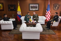 Marine Corps Gen. Joseph F. Dunford Jr., chairman of the Joint Chiefs of Staff, right, meets with Gen. Juan Pablo Rodriguez, commander of Colombia's armed forces, in Bogota, Colombia, March 10, 2016. DoD photo by Navy Petty Officer 2nd Class Dominique A. Pineiro