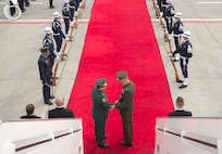Marine Corps Gen. Joseph F. Dunford Jr., chairman of the Joint Chiefs of Staff, right, bids farewell to Gen. Juan Pablo Rodriguez, commander of Colombia's armed forces, as he departs Bogota, Colombia, March 10, 2016. DoD photo by Navy Petty Officer 2nd Class Dominique A. Pineiro