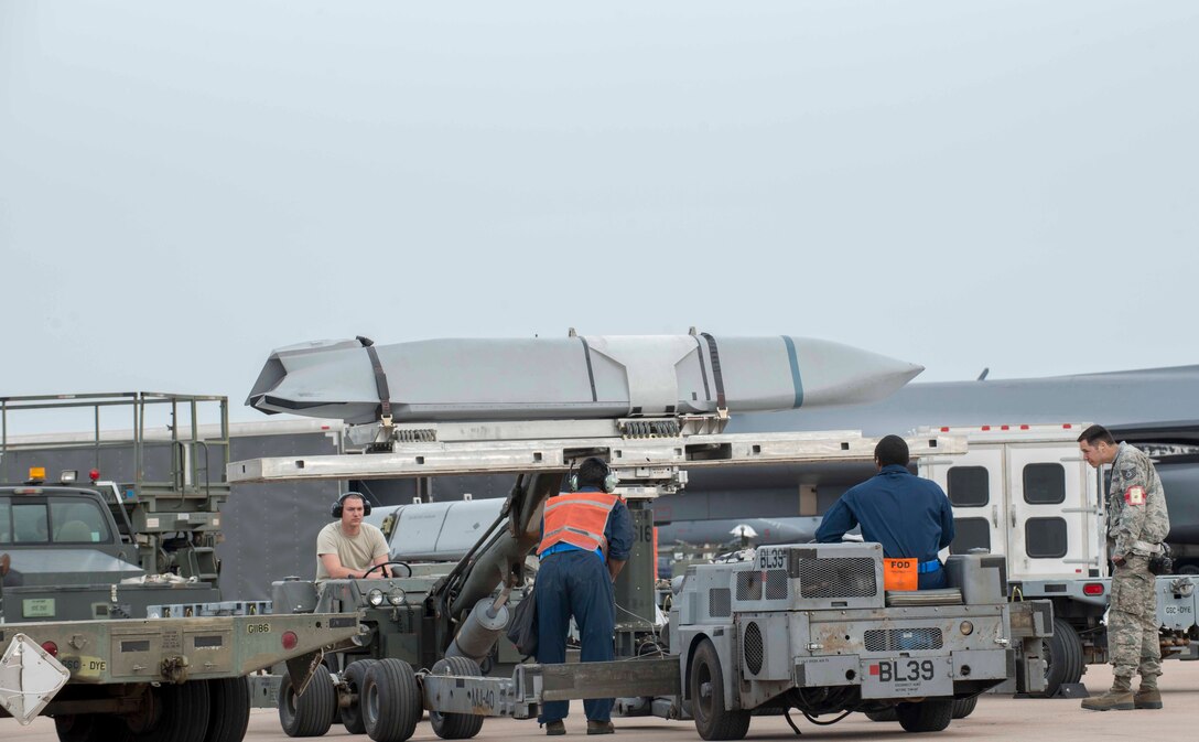 Airmen assigned to the 7th Maintenance Group prepare an inert Joint Air-to-Surface Standoff Missile during a B-1 Block 16 Combat Mission Effectiveness exercise Feb. 21, 2016, at Dyess Air Force Base, Texas. Maintenance personnel had 48 hours to load and deploy six B-1s while also preparing, at the same time, to deploy themselves. (U.S. Air Force photo by Airman 1st Class Austin Mayfield/ Released)