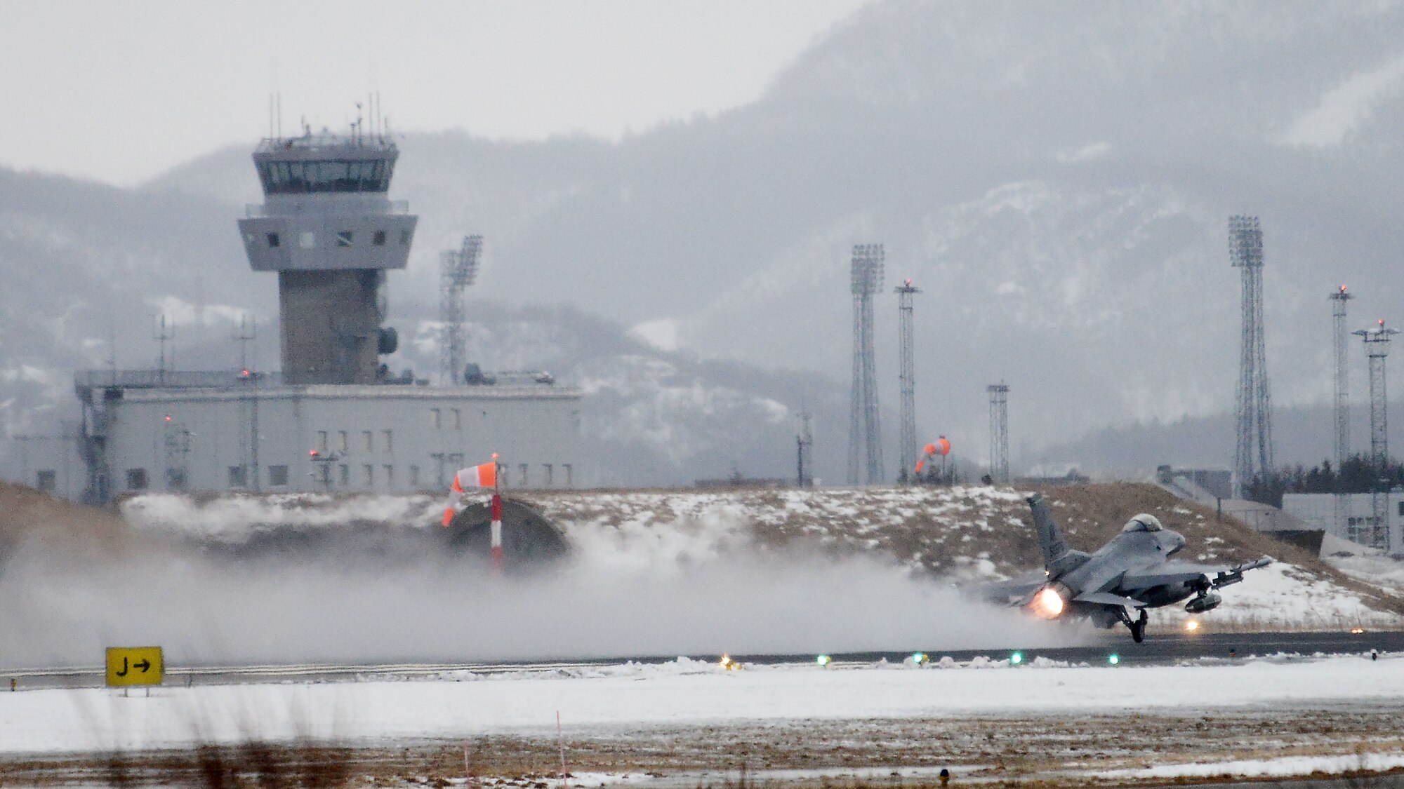 An F-16 Fighting Falcon assigned to Aviano Air Base, Italy, departs from Bodø Main Air Station, Norway, March 11, 2016, after Exercise Cold Response 16. The exercise, which wrapped up March 9, 2016, featured maritime, land and air operations to underscore NATO’s ability to defend against any threat in any environment. (U.S. Air Force photo by Tech. Sgt. R.J. Biermann/Released)