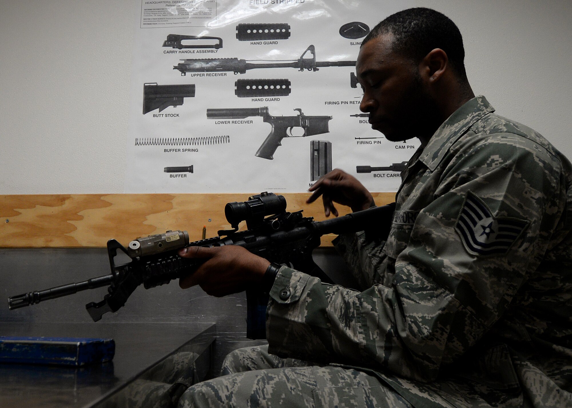 Tech. Sgt. Taron Blackman, 31st Security Forces Squadron command support staff NCO in charge, reloads his M4 carbine during qualification training, March 9, 2016, at Aviano Air Base, Italy. The instructions included firing techniques, clearing a jam and checking for malfunctions. (U.S. Air Force photo by Ariman 1st Class Cary Smith/Released)