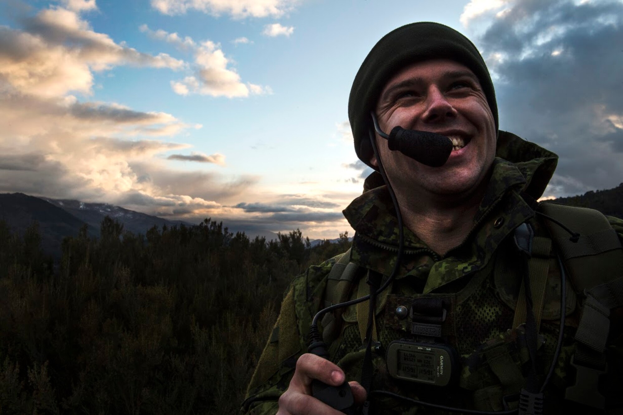 Master Bombardier Mathiew Marcoux-Desrochers, a joint terminal attack controller from the Yankee Battery of the 2nd Regiment, Royal Canadian Horse Artillery, controls aircraft as part of a JTAC training scenario during exercise Serpentex 16, March 9, 2016. Training and theater security cooperation engagements with U.S. allies and partners, such as Exercise Serpentex, demonstrate a shared commitment to promoting security and stability. (U.S. Air Force/Staff Sgt. Sara Keller)