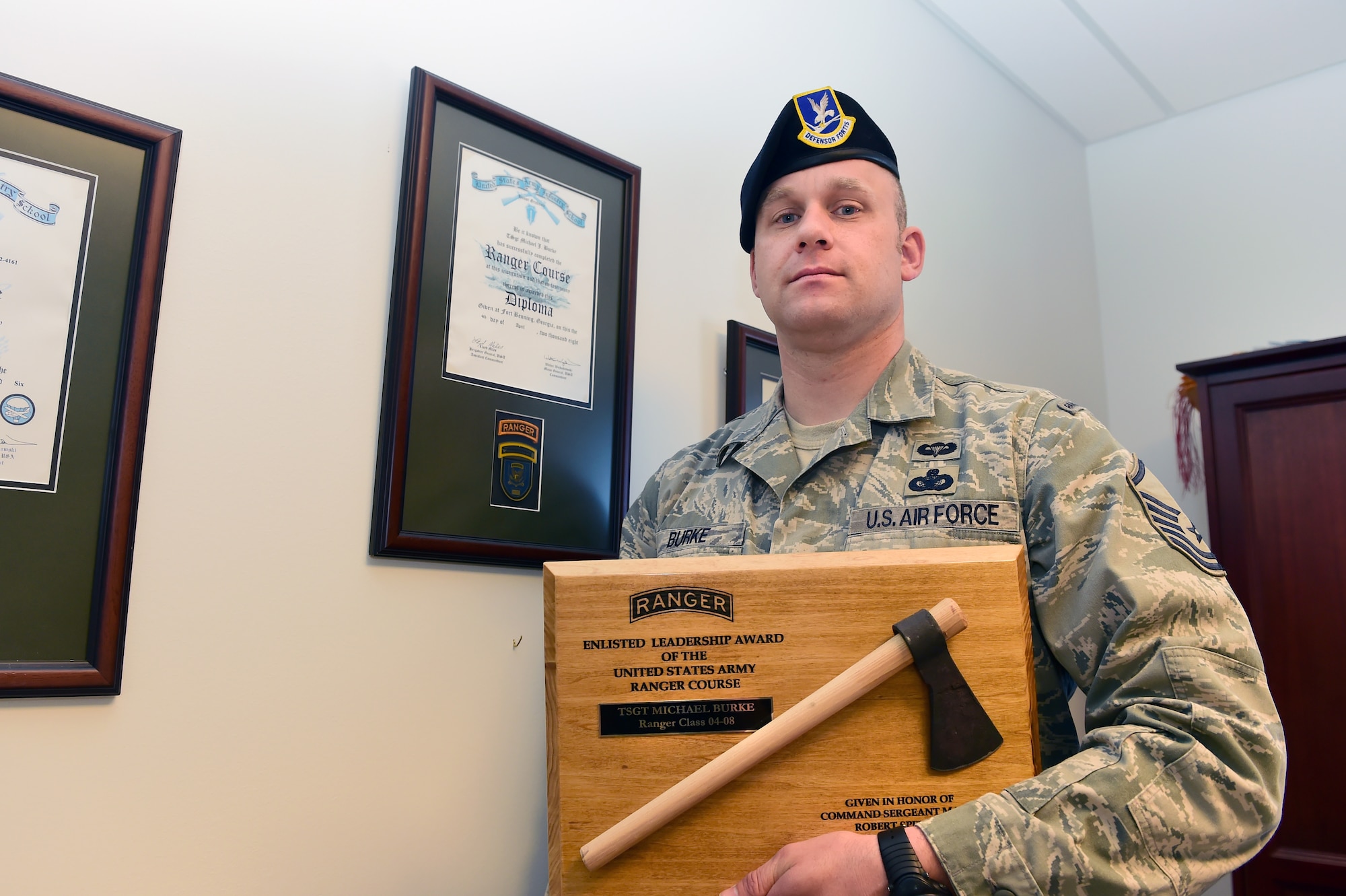 Master Sgt. Michael Burke, 460th Security Forces Squadron, poses for a photo March 10, 2016, on Buckley Air Force Base, Colo. Burke graduated from the Army Ranger School in 2008 and was awarded the Enlisted Leadership Award for his class. He is one of only two Airmen who have received awards at Ranger School since 1954. (U.S. Air Force photo by Airman 1st Class Luke W. Nowakowski/Released)