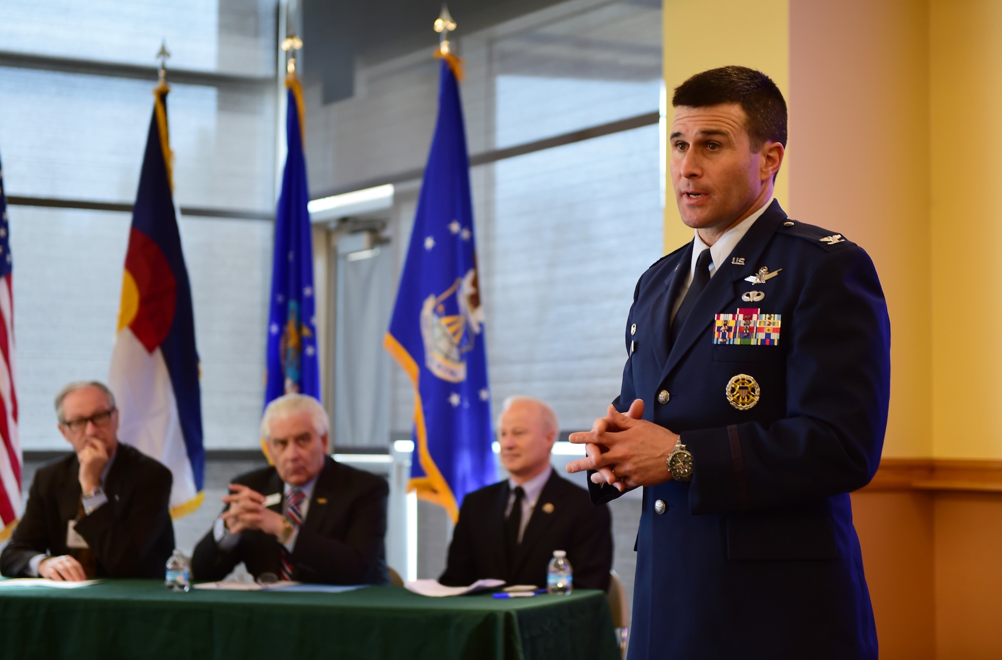 Col. John Wagner, 460th Space Wing commander, speaks to Arapahoe County citizens during a Readiness and Environmental Protection Integration program celebration March 9, 2016, at the Arapahoe Center Point Plaza in Aurora, Colo. The event marked the day that the Trust for Public Land and Buckley Air Force Base announced that 124 acres adjacent to the base have been permanently protected from development. (U.S. Air Force photo by Senior Airman Racheal E. Watson/Released)