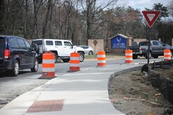 Vehicles line up outside the Joint Base Andrews Main Gate, March 11, 2016. Roadwork will congest the intersection at Robert Bond Drive, where Allentown Road begins off-base until further notice. (U.S. Air Force photo by Airman 1st Class J.D. Maidens)