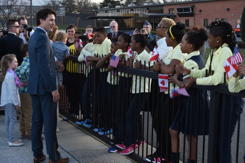 Canadian Prime Minister Justin Trudeau greets a crowd of local school children at Joint Base Andrews, Md. March 9, 2016. Trudeau’s arrival began a three-day official visit strengthening U.S.-Canada relations. (U.S. Air Force photo by Senior Airman Joshua R. M. Dewberry/RELEASED)