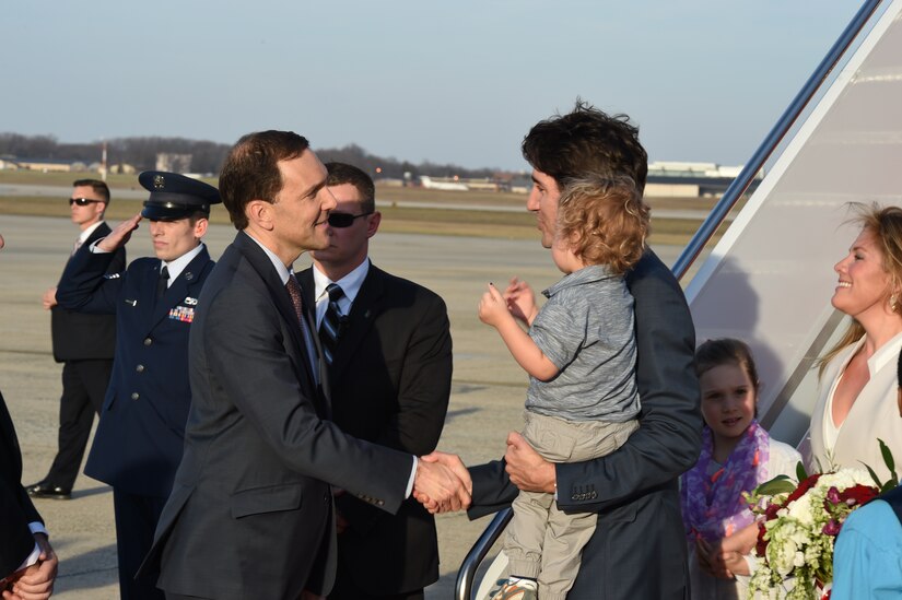Peter Selfridge, U.S. State Department’s Chief of Protocol, greets Canadian Prime Minister Justin Trudeau at Joint Base Andrews, Md., March 9, 2016. Trudeau’s arrival is the beginning of a three-day official visit to reinvigorate U.S.-Canadian relations. (U.S. Air Force photo by Senior Airman Joshua R. M. Dewberry/RELEASED)