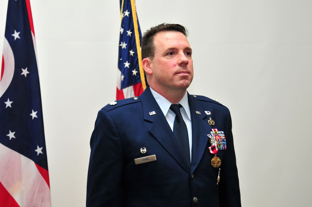 Lt. Col. Matthew Craig, the 178th Wing Civil Engineer Squadron commander, retires from the Ohio Air National Guard at Springfield Air National Guard Base, March 5. During his time as commander, Craig worked on several major construction projects to ensure base facilities met the needs of the 178th Wing’s mission change. (Ohio Air National Guard photo by Airman First Class Rachel Simones)