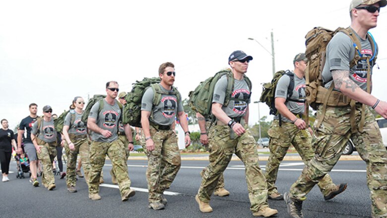 15 Marines and three civilians start a 770-mile ruck from Navarre, Florida, to Marine Corps Base Camp Lejeune, North Carolina to honor 11 service members who died in a helicopter crash one year ago. For the next 10 days, the ruckers will walk in seven teams and trade off every 10-11 miles, about 110 miles each, until they get there.