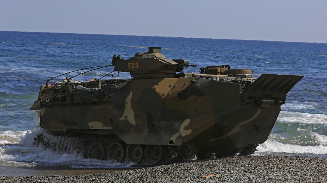 A Korean Assault Amphibious Vehicle comes ashore while rehearsing an amphibious assault in support of Exercise Ssang Yong on Doksukri Beach, Republic of Korea, March 11, 2016. Exercise Ssang Yong 2016 is a biennial military exercise focused on strengthening the amphibious landing capabilities of the Republic of Korea, the U.S., New Zealand and Australia.