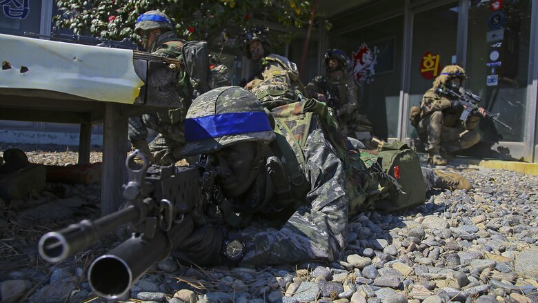 New Zealand Soldiers and Republic of Korea Marines provide cover during an amphibious assault rehearsal, March 11, 2016, during Exercise Ssang Yong 16.  Ssang Yong is a biennial military exercise focused on strengthening the amphibious landing capabilities of the ROK, the U.S., New Zealand and Australia.