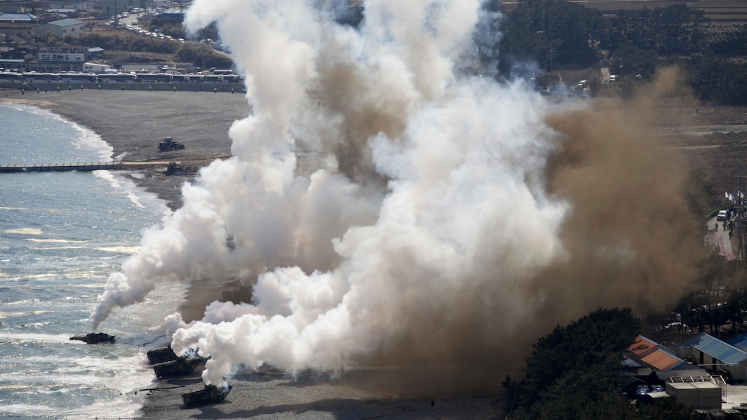 Korean Assault Amphibious Vehicles with Republic of Korea Marine Corps Regimental Landing Team 7 assault Doksukri Beach, ROK, during landing day of Exercise Ssang Yong 16, March 12, 2016. Ssang Yong 16 is a biennial combined amphibious exercise conducted by forward-deployed U.S. forces with the Republic of Korea Navy and Marine Corps, Australian Army and Royal New Zealand Army Forces in order to strengthen our interoperability and working relationships across a wide range of military operations – from disaster relief to complex expeditionary operations.
