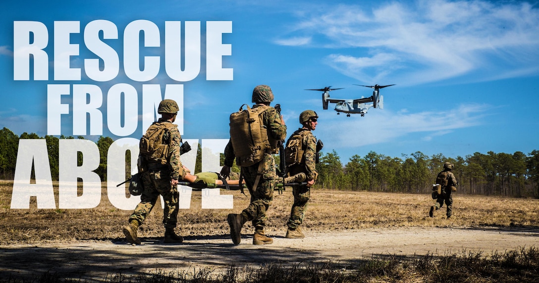Marines with 2nd Combat Engineer Battalion, run to the landing point to load a casualty onto an MV-22B Osprey, during a casualty evacuation exercise at Landing Zone Penguin at Camp Lejeune, N.C., March 10, 2016. The training allowed Marines with Marine Medium Tiltrotor Squadron 365 and 2nd CEB to work together in order to be well prepared to conduct a successful CASEVAC in any situation they may encounter while deployed, to ultimately save lives.  (U.S. Marine Corps photo illustration by Lance Cpl. Erick Galera/Released)
