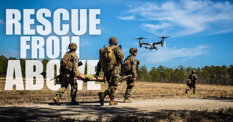 Marines with 2nd Combat Engineer Battalion, run to the landing point to load a casualty onto an MV-22B Osprey, during a casualty evacuation exercise at Landing Zone Penguin at Camp Lejeune, N.C., March 10, 2016. The training allowed Marines with Marine Medium Tiltrotor Squadron 365 and 2nd CEB to work together in order to be well prepared to conduct a successful CASEVAC in any situation they may encounter while deployed, to ultimately save lives.  (U.S. Marine Corps photo illustration by Lance Cpl. Erick Galera/Released)