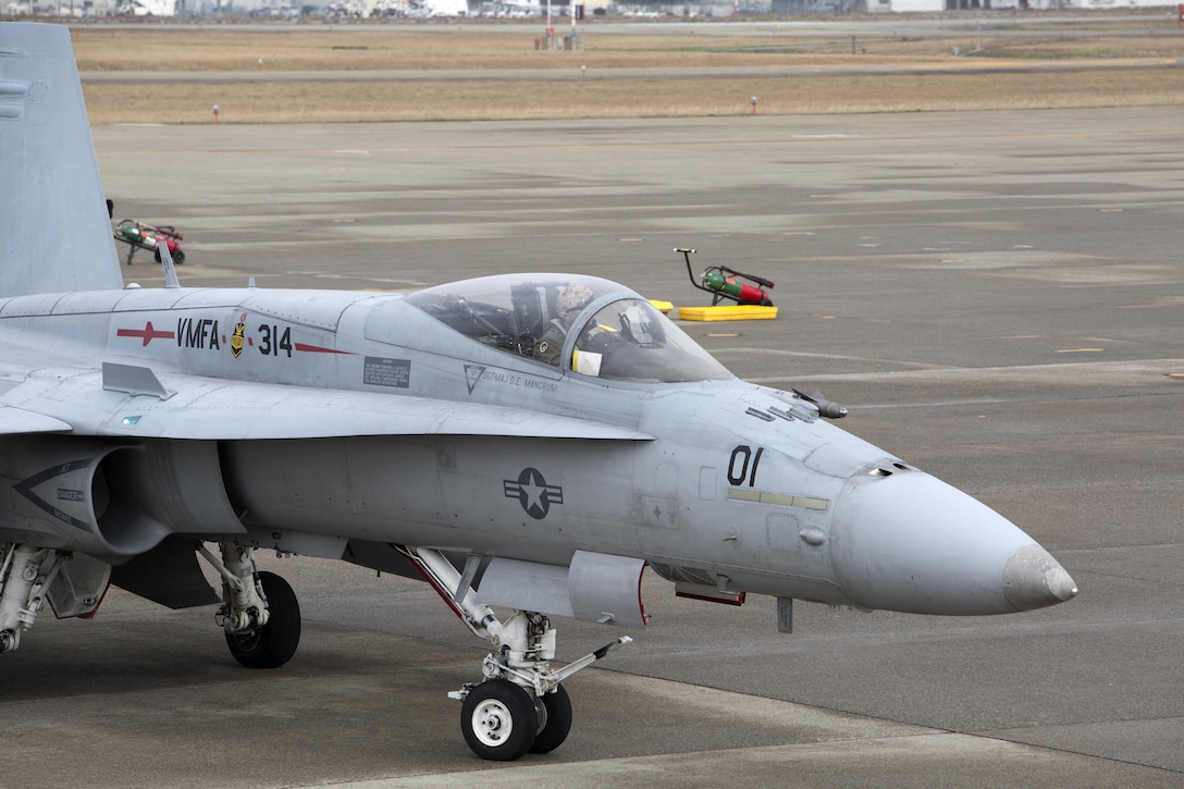 An F/A-18A++ Hornet with Marine Fighter Attack Squadron (VMFA) 314, forward deployed to Marine Corps Air Station Iwakuni, Japan, arrives at Komatsu Air Base, Japan, for the Komatsu Aviation Training Relocation exercise March 7, 2016. VMFA-314 will conduct dissimilar air combat training and bilateral tactical mission training with the Japan Air Self-Defense Force during the ATR. Not only does this training mission increase the squadron’s readiness in air-to-air mission sets and executes flight leadership qualification upgrades, it supports theater security cooperation and combined interoperability with the JASDF. (U.S. Marine Corps photo by Cpl. Nicole Zurbrugg/Released)