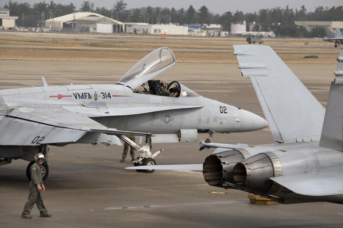 Marine Fighter Attack Squadron (VMFA) 314, forward based to Marine Corps Air Station Iwakuni, Japan, arrives at Komatsu Air Base, Japan, for the Komatsu Aviation Training Relocation exercise March 7, 2016. The ATR program, established in 2007, is in place as a result of the Defense Policy Review Initiative to increase the operational readiness of U.S. and Japanese forces, enhance bilateral interoperability and reduce local noise pollution. (U.S. Marine Corps photo by Cpl. Nicole Zurbrugg/Released)