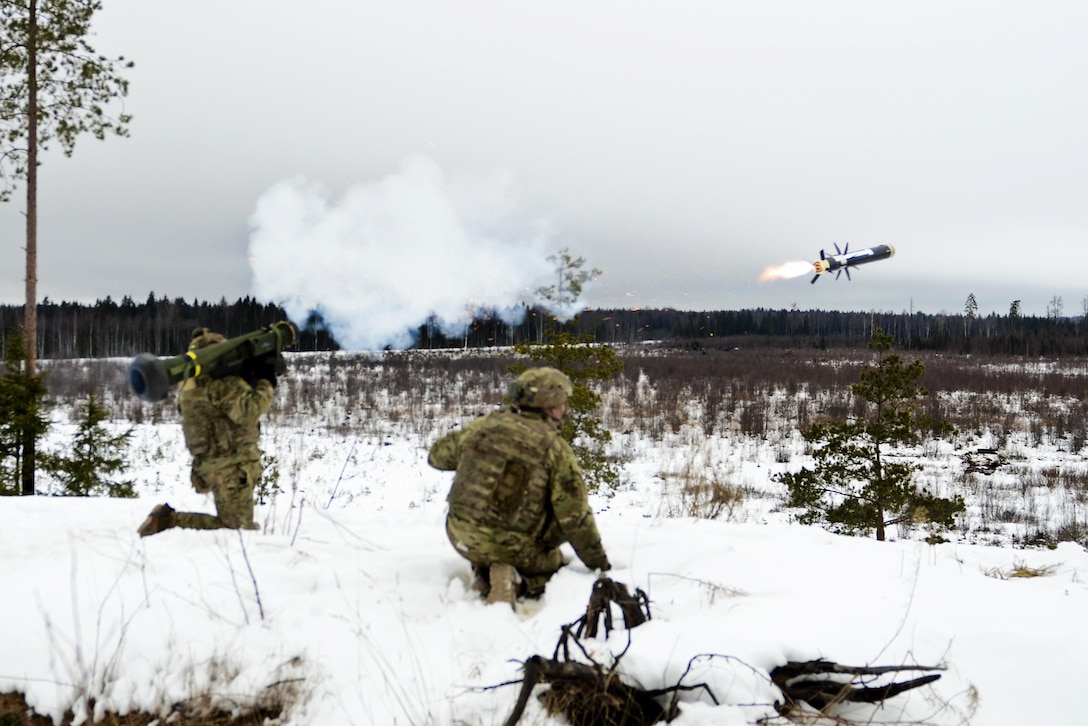 Army Sgt. Henry Oforidankwah fires a Javelin rocket during a live-fire exercise at Tapa Training Area in Estonia, March 12, 2016. Oforidankwah is an infantry vehicle commander assigned to the 3rd Squadron, 2nd Cavalry Regiment. Army photo by Staff Sgt. Steven M. Colvin
