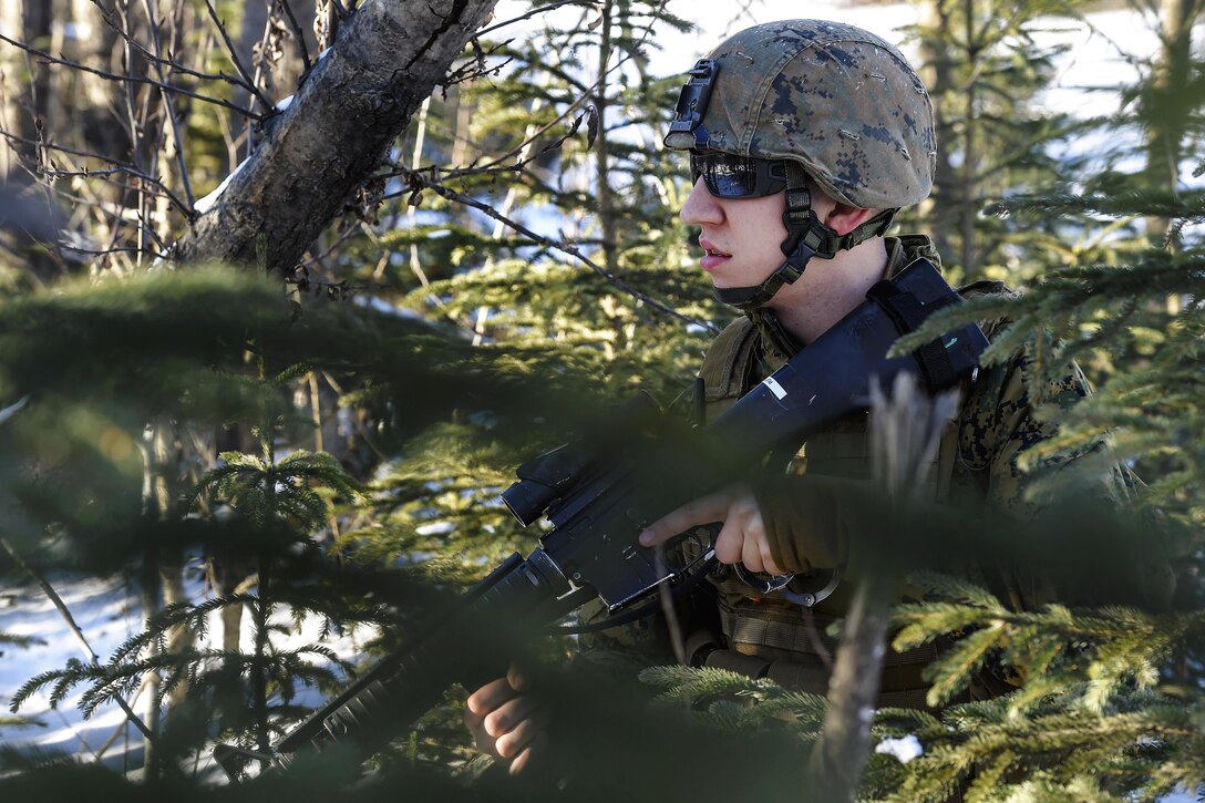 Marine Corps Sgt. James Johnston scans the surrounding area during a convoy security halt on Joint Base Elmendorf-Richardson, Alaska, March 6, 2016. Johnston is assigned to Detachment Military Police Delta Company, 4th Law Enforcement Battalion. Air Force photo by Alejandro Pena