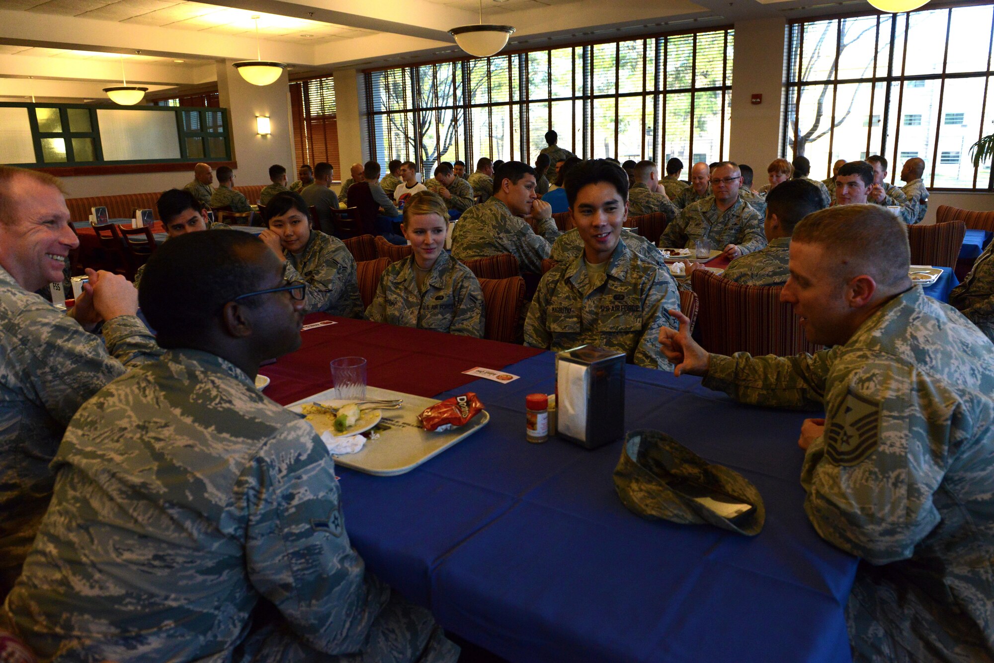 A U.S. Air Force Master Sgt. speaks to Airmen at the “Reboot your Resolution” Airman/Soldier Appreciation Dinner at Shaw Air Force Base, S.C., March 9, 2016. The dinner brought together Team Shaw leadership and junior enlisted members, allowing them to converse in a relaxed environment. (U.S. Air Force photo by Airman 1st Class Destinee Dougherty)