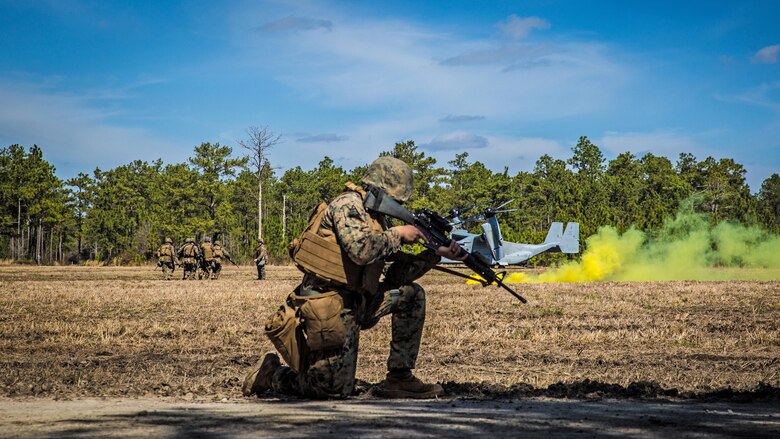 PFC Jeremiah McGuire, a combat engineer with, provides security for a casualty evacuation exercise at Landing Zone Penguin at Marine Corps Base Camp Lejeune, N.C., March 10, 2016. The training allowed Marines with Marine Medium Tiltrotor Squadron 365 and 2nd CEB to work together in order to be well prepared to conduct a successful CASEVAC in any situation they may encounter while deployed, to ultimately save lives.