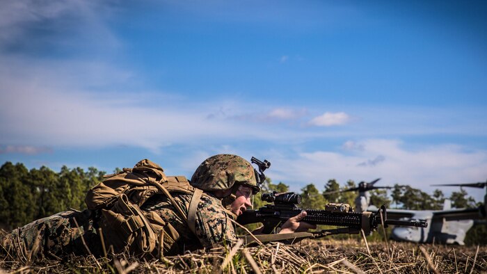 Lance Cpl. Ronald Hester, a combat engineer with, provides security for a casualty evacuation exercise at Landing Zone Penguin at Marine Corps Base Camp Lejeune, N.C., March 10, 2016. The training allowed Marines with Marine Medium Tiltrotor Squadron 365 and 2nd CEB to work together in order to be well prepared to conduct a successful CASEVAC in any situation they may encounter while deployed, to ultimately saves lives. 