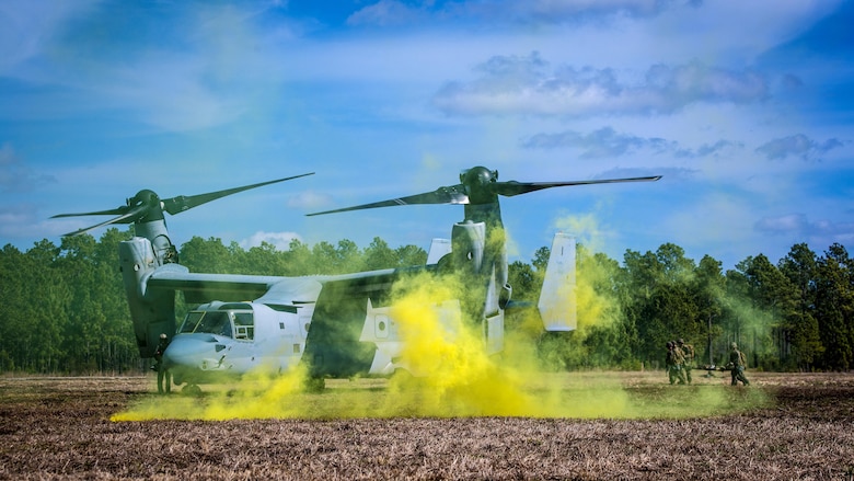 Marines with with 2nd Combat Engineer Battalion, run to load a casualty onto an MV-22B Osprey during a casualty evacuation exercise at Landing Zone Penguin at Marine Corps Base Camp Lejeune, N.C., March 10, 2016. The training allowed Marines with Marine Medium Tiltrotor Squadron 365 and 2nd CEB to work together in order to be well prepared to conduct a successful CASEVAC in any situation they may encounter while deployed, to ultimately save lives. 